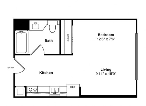 Floor plan for studio, 1 bath, 372 sqft